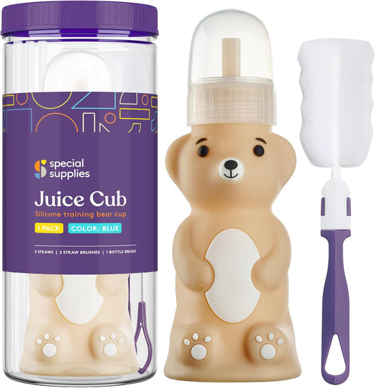 Special Supplies Honey Bear Straw Cup Long Straws, Squeezable Therapy and Special Needs Assistive Drink Container, Spill Proof and Leak Resistant Lid (Pack of 1 Bottle and 3 Straws) (Brown)