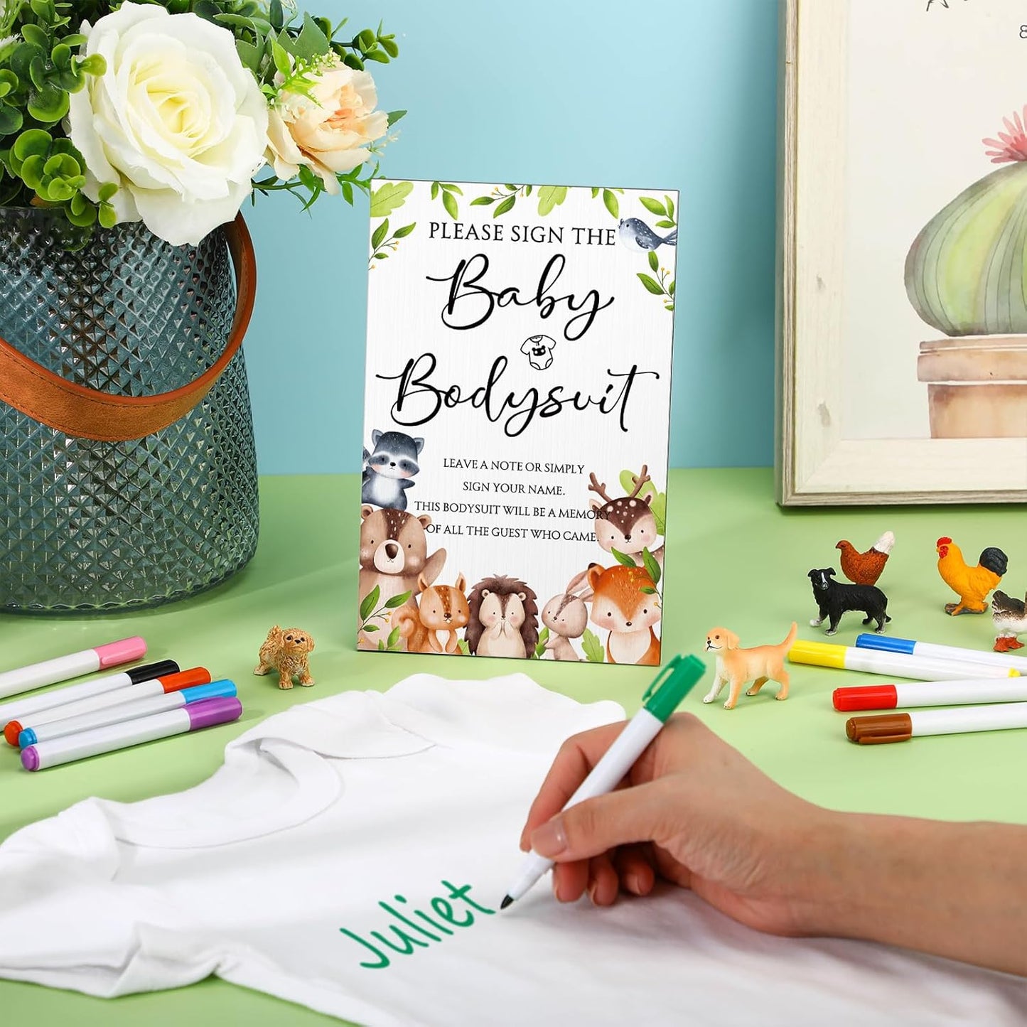 Qunclay 12 Pcs Baby Bodysuit Baby Shower Game Include 1 Game Wooden Sign Tabletop Decor 1 White Blank Newborn Bodysuit 10 Fabric Marker for Gender Reveal Party(Woodland)