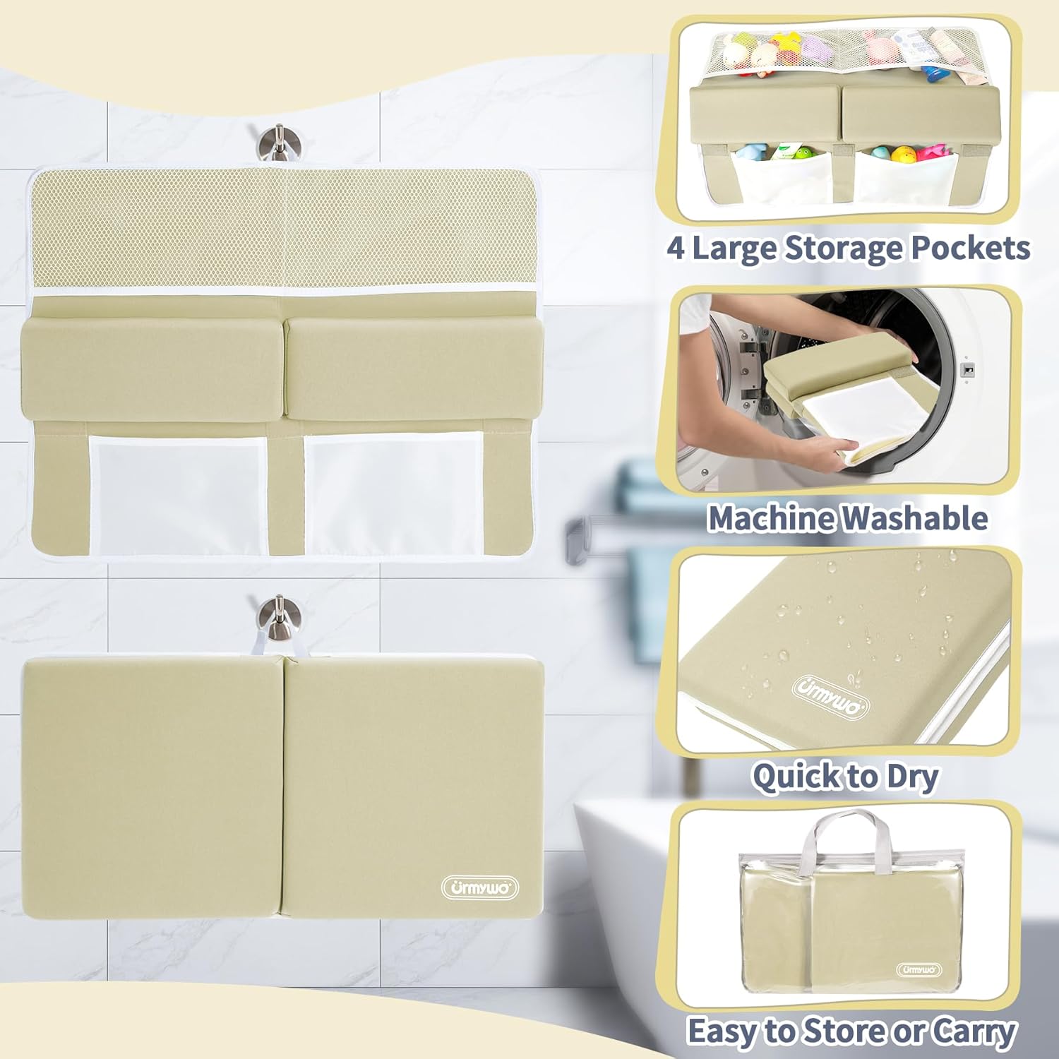 URMYWO Bath Kneeler and Elbow Rest Pad Set - 1.5" Thick Baby Bath Kneeler Pads with Toys Organizer