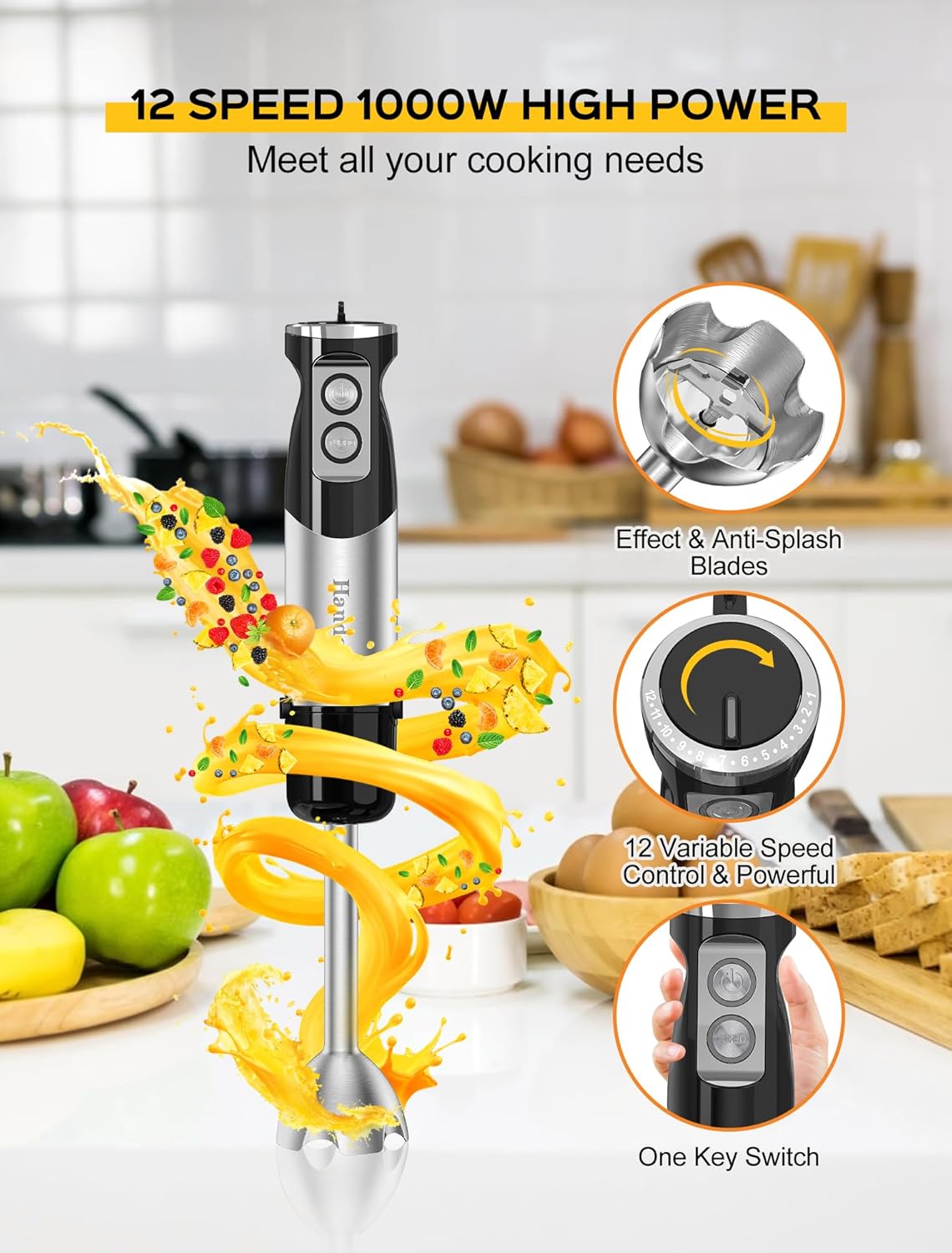 Handor 6-in-1 Hand Immersion Blender, 1000W 12 Speed Handheld Blender with 600ml Beaker, 500ml