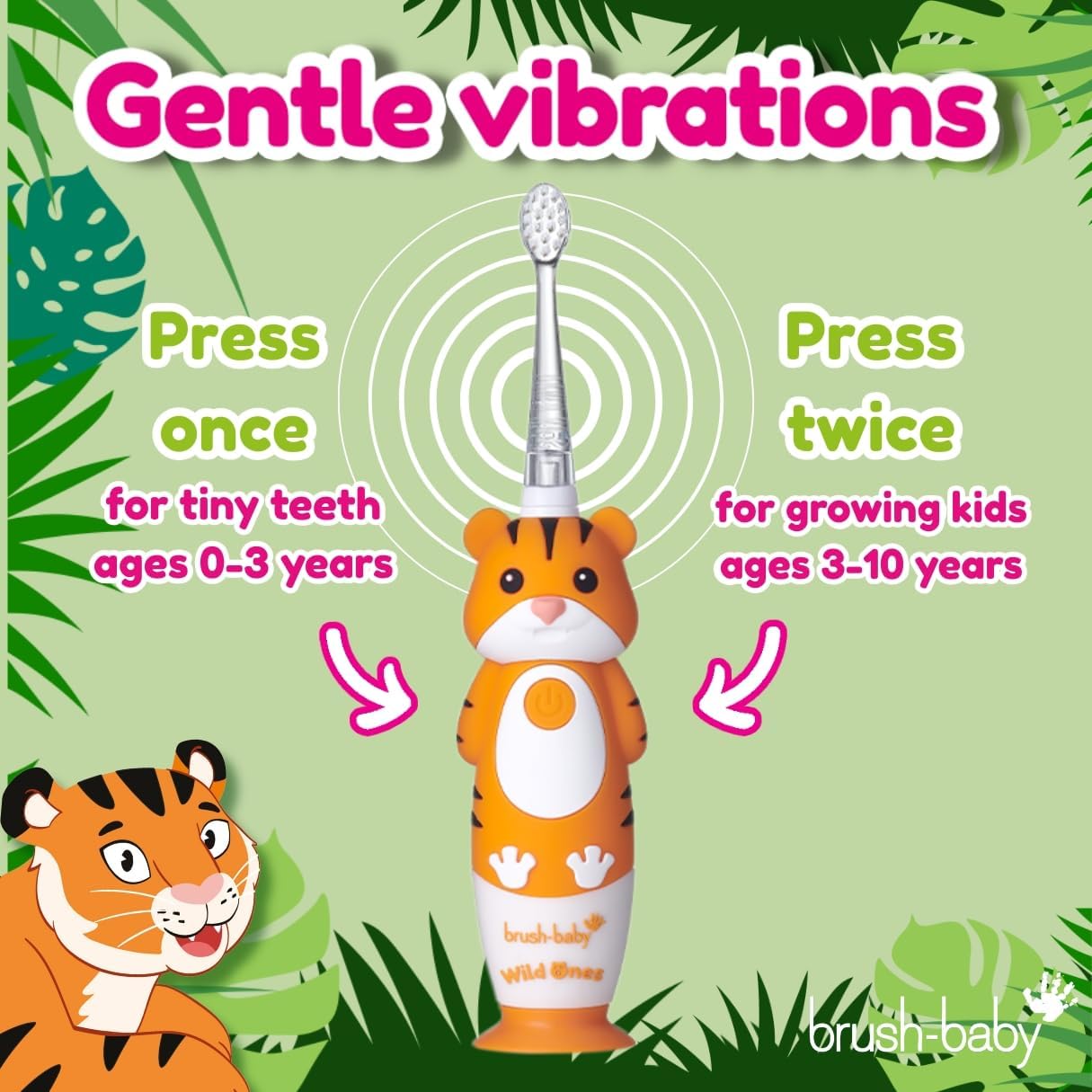 brush-baby WildOnes™ Rechargeable Kids Electric Toothbrush – Toby Tiger | Flashing Lights, 2-Min