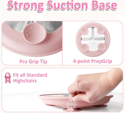 Stainless Steel Suction Plates for Toddlers, 9" Divided Kids Baby Plates with Removable Silicone Suction, Non Toxic Non Slip Portion Control Snack Dishes 4 Packs, Blue Green Gray Pink