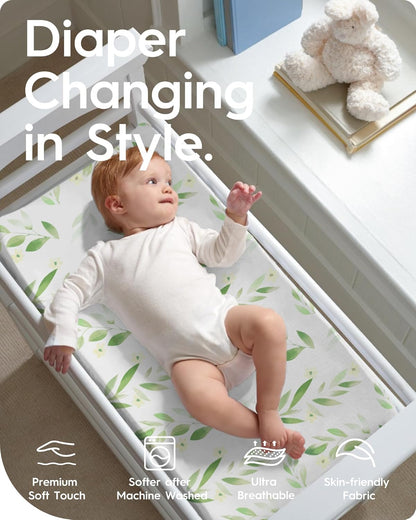 Changing Pad Cover for Girls Boys, TotBasic Premium Soft Boho Changing Table Covers, Stretchy Jersey Changing Table Sheets - Fits All Standard Changing Tables - 2 Pack (Sage Green&Botanical Leaf)