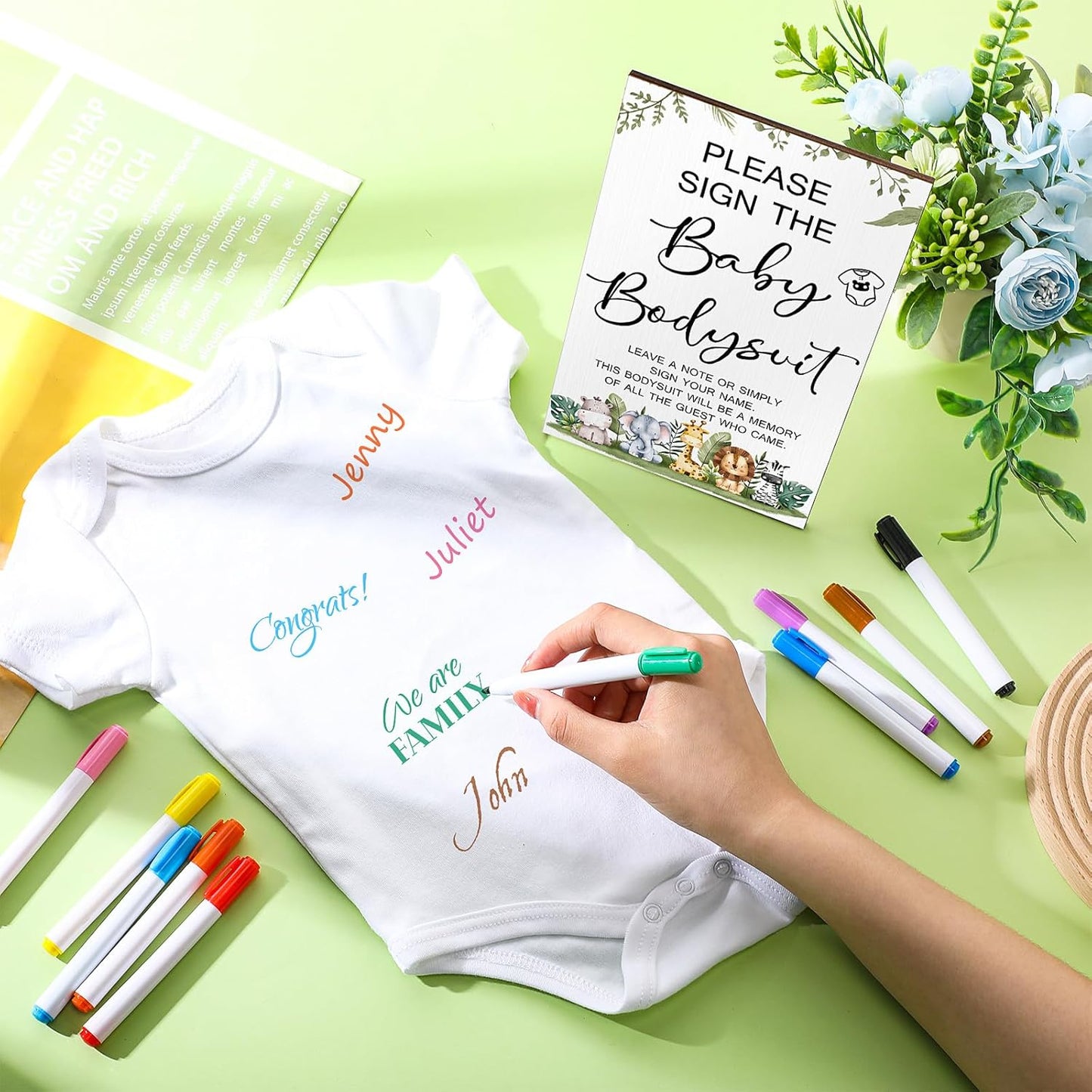 Qunclay 12 Pcs Baby Bodysuit Baby Shower Game Include 1 Game Wooden Sign Tabletop Decor 1 White Blank Newborn Bodysuit 10 Fabric Marker for Gender Reveal Party(Safari)