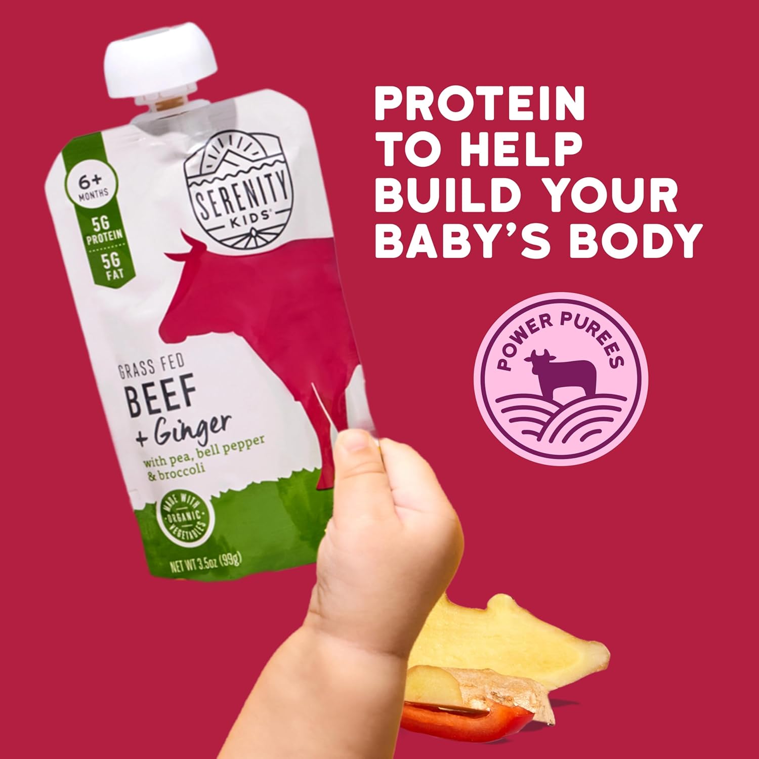 Serenity Kids 6+ Months Beef & Ginger Baby Food Puree Pouches - Grass Fed Beef & Organic Peas, Bell