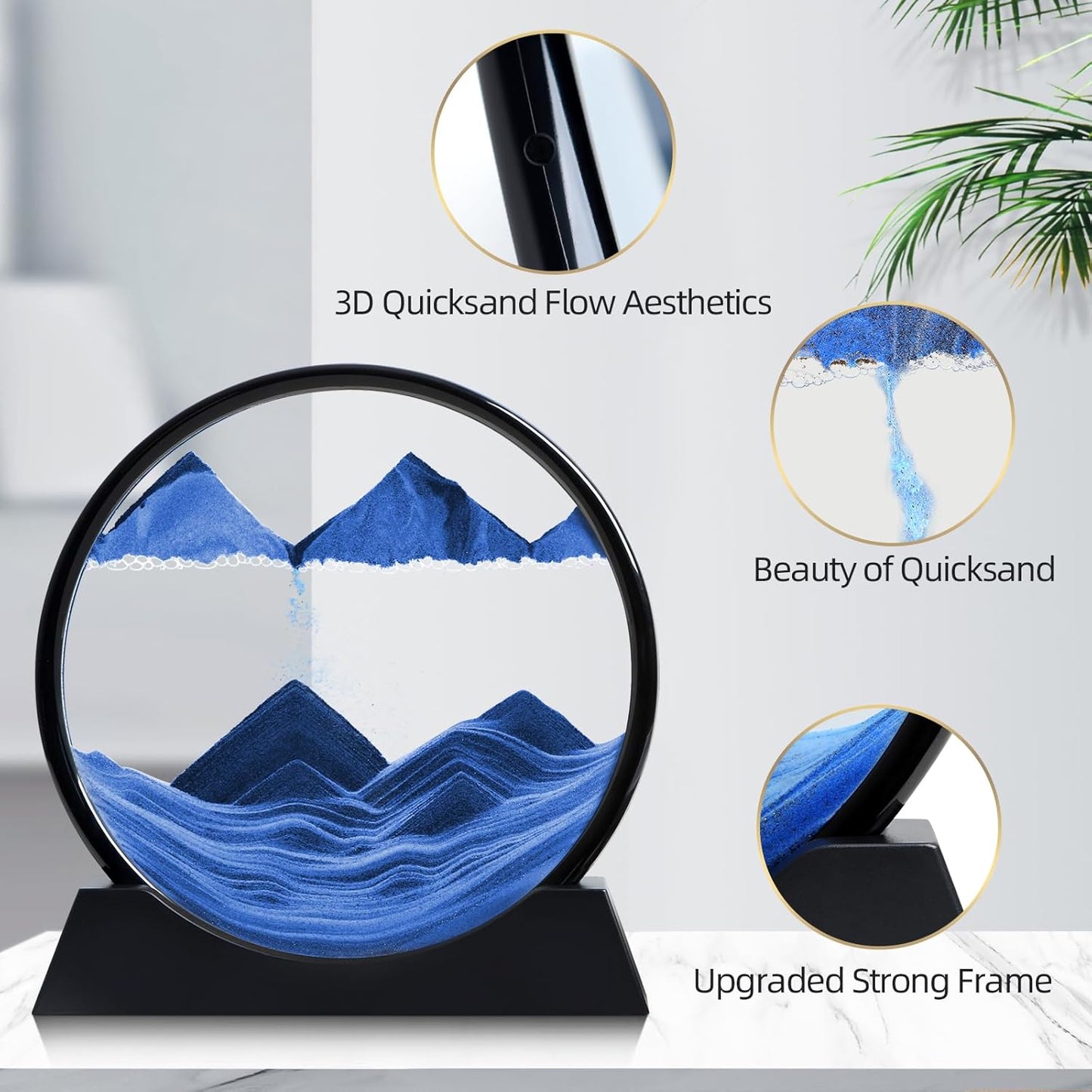 KPNUWN Moving Sand Art Liquid Motion, 3D Deep Sea Sandscape Color Quicksand Decor, Round Glass Moving Sand Art Picture Relaxing Desktop Home Office Work Decor (12 inch-Blue)