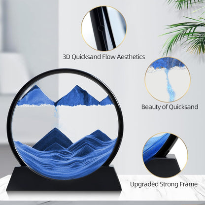 KPNUWN Moving Sand Art Liquid Motion, 3D Deep Sea Sandscape Color Quicksand Decor, Round Glass Moving Sand Art Picture Relaxing Desktop Home Office Work Decor (12 inch-Blue)