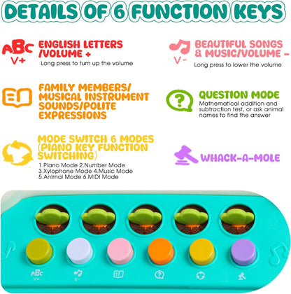 Baby Educational Musical Toys for 18-24 Months Toddlers 2 3 4 5 6 Years Old Boys Girls, Interactive Early Learning Toy for Kids Piano Drum Set Montessori Toys Christmas Birthday Gifts Green
