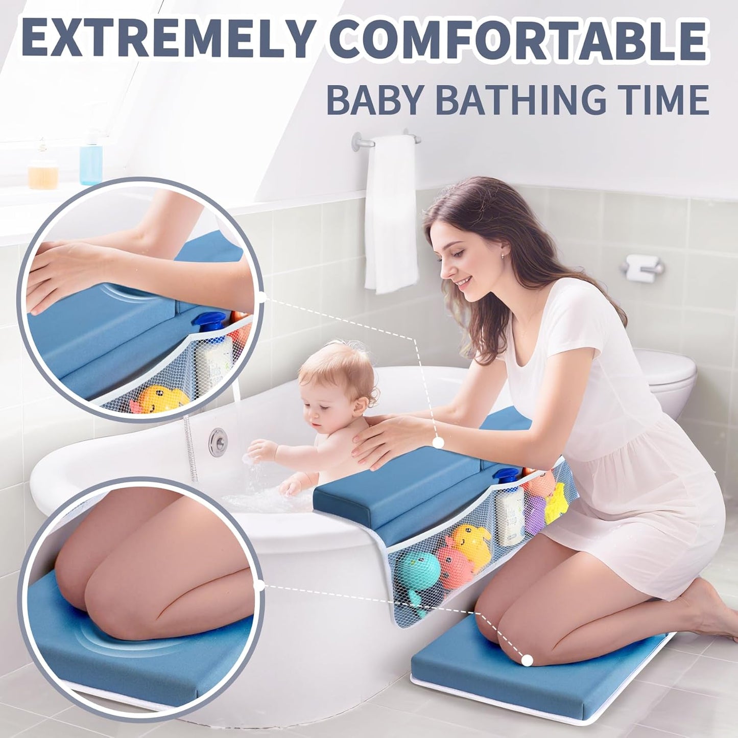 URMYWO Bath Kneeler and Elbow Rest Pad Set - 1.5" Thick Baby Bath Kneeler Pads with Toys Organizer