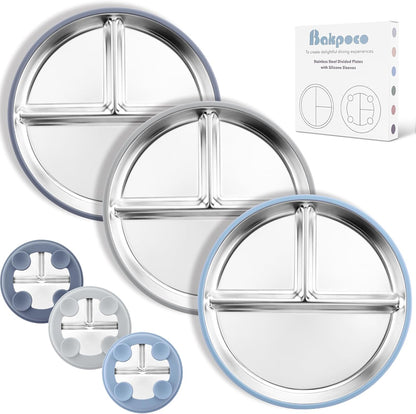 Stainless Steel Suction Plates for Toddlers, 9" Divided Kids Baby Plates with Removable Silicone Suction, Non Toxic Non Slip Portion Control Snack Dishes 3 Packs, Blue Gray Navy