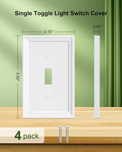 4-Pack Single Toggle Light Switch Covers Wall Plate, Pure White Decorative Switch Plate Covers, 1 Gang Natural Bamboo Fiber Wall Plate, Corrosion Resistant