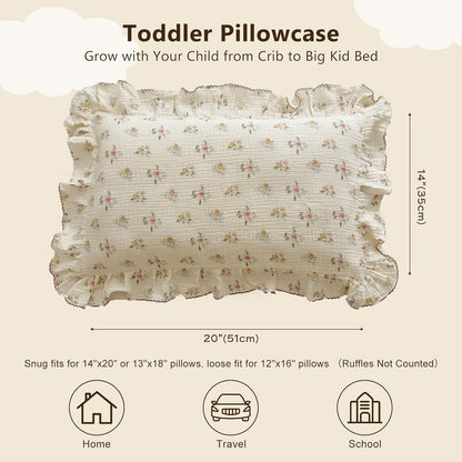 BuLuTu Cotton Muslin Kids Toddler Pillowcase with Cute Azalea Flowers Pattern Super Soft Crib Nursery Pillowcase for Boys,Girls,Bedding Decor Machine Washable, Durable Pillowcase,1 Piece,14"x20"