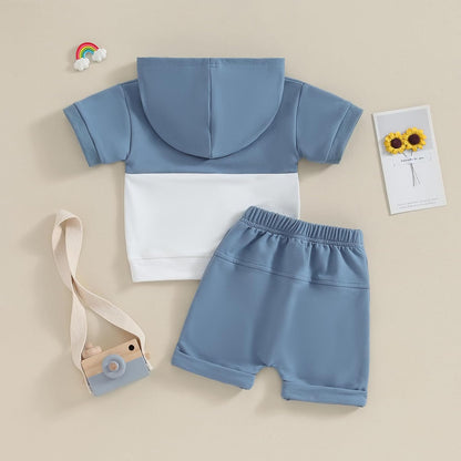 Toddler Baby Boy Summer Hooded Outfit Contrast Color Short Sleeve T Shirt Top Elastic Shorts Summer Clothes Set