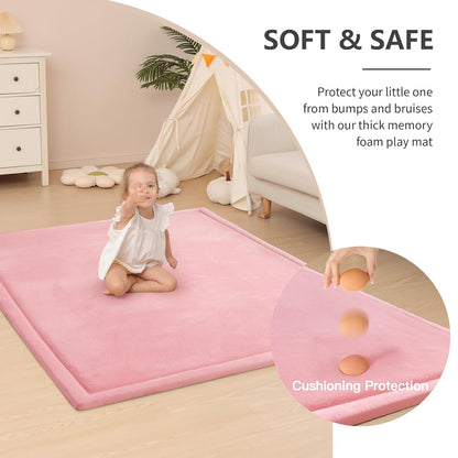 Baby Play Mat for Floor,1.3" Thick Memory Foam Tummy Time Mat,Soft Coral Velvet Nursery Rug,Extra Large Non Slip Crawling Mat for Toddlers,Infants,Kids,Yoga Mat,Tatami Mat for Living Room(Pink)