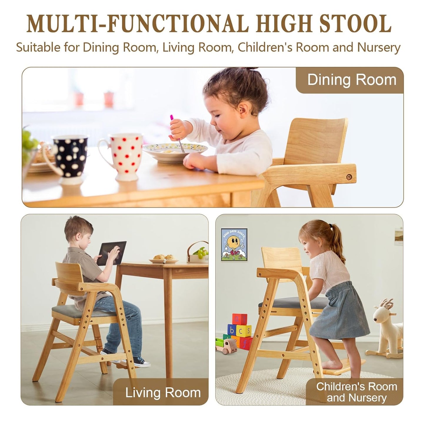 Solid Wood High Chair for Toddlers to Teens, Adjustable Height Toddler Dining Chair, Easy to Clean