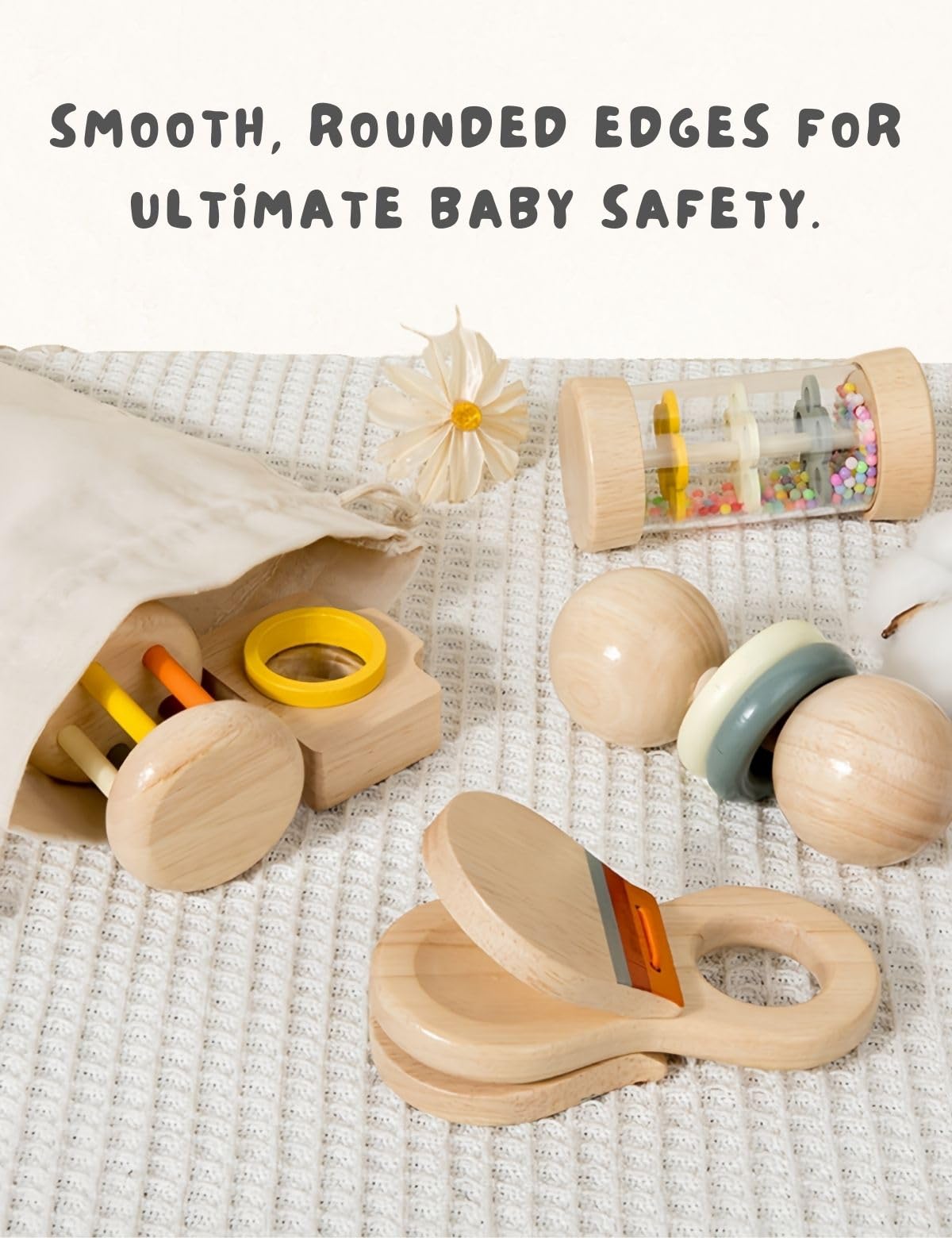 7 Pcs Wooden Baby Toys Set, Organic Rattles & Montessori Musical Toys