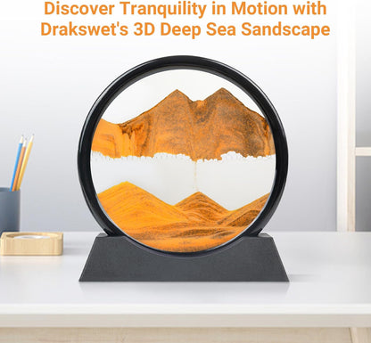 Drakswet Moving Sand Art Liquid Motion，Moving Sand Art Picture-3D Deep Sea Sandscape，Round Glass Frame Display Flowing Sand Relaxing Desktop Home Office Work Decor (Orange)