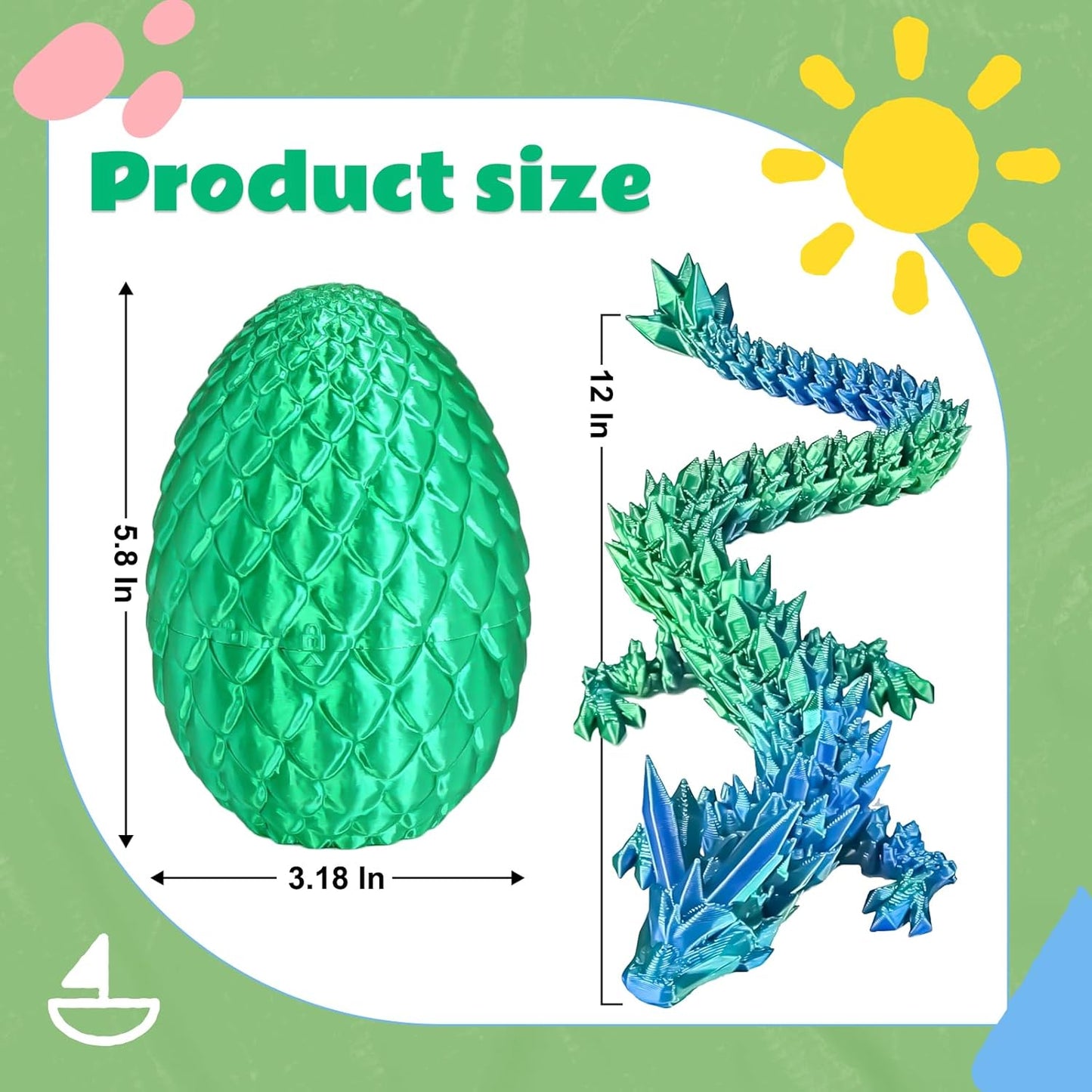 Dragon Eggs with Dragon Inside, 3D Printed Surprise Funny Gifts for Kids, Articulated Dragon Fidget Toys for Adults, Executive Desk Toys Office Room Décor (Christmas Green, M-Size)