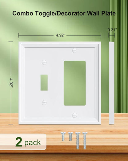 2-Pack Combo Toggle/Decorator Light Switch Cover Plate, White Decorative Electrical Outlet Covers, Bamboo Fiber Wall Switch Plates and Outlet Covers
