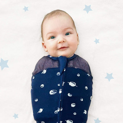 Happiest Baby Sleepea 5-Second Swaddle - 100% Organic Cotton Baby Swaddle Blanket - Doctor Designed Promotes Healthy Hip Development - 3-Pack Newborn Bundle (Ivory Planets, 2 x Small, 1 x Medium)