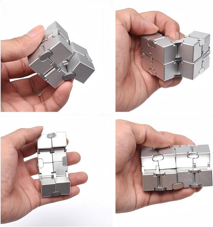 Metal Infinity Cube Fidget Toy - Aluminum Alloy Anti-Stress and Anxiety Finger Flip Cube for Adults, Men, and Women, Ideal Desk Toy for Work or Home - Infinity Cube Desk Toy (Silver)