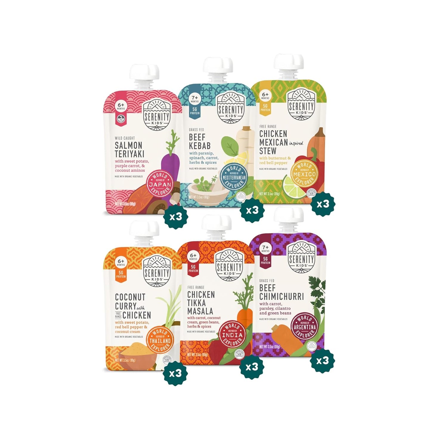 Serenity Kids 7+ Months World Explorers Baby Food Pouches - Puree With Ethically Sourced Meats &