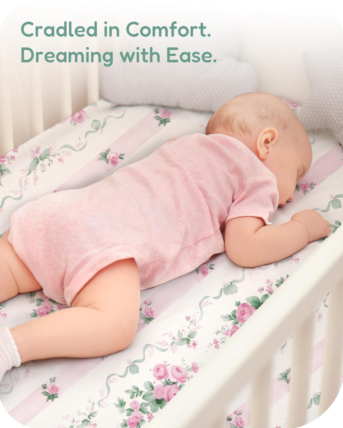 Baby Crib Sheets for Standard Crib Mattress - Pink Roses Pattern, Breathable and Soft, Safe and