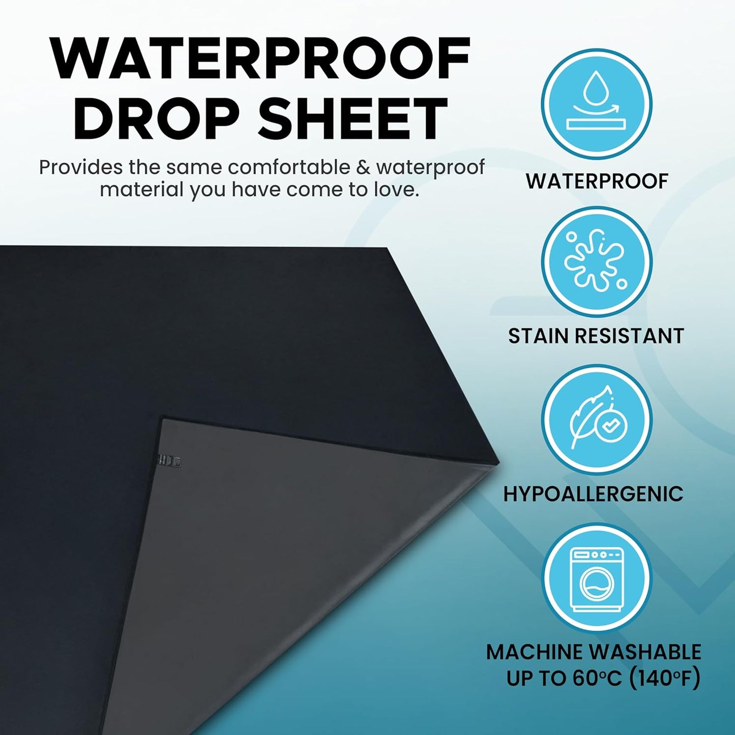 Black Waterproof Flat Drop Sheet (59”x59”), Mattress Topper, Protector Cover, Safe with Oil, Water-Based, & Silicone-Based Massage Products, Hypoallergenic, Noiseless, Machine Washable