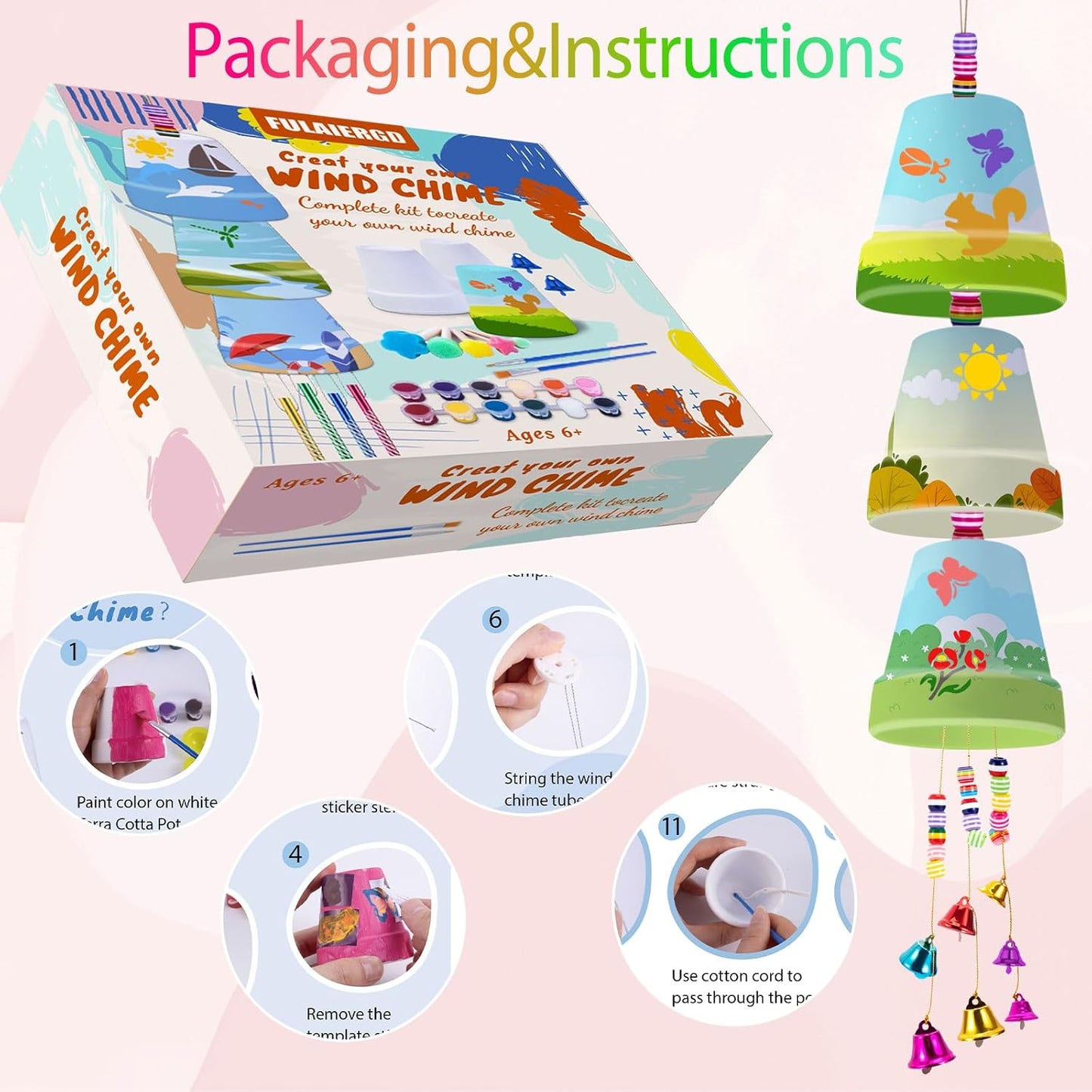 FULAIERGD 3 Pack Wind Chime Making Kit for Kids- Wind Chime Craft Painting Kit-Ceramic Pot, Bells, Stencils and Beads DIY Crafts Gifts for End of Year Student, Christmas, Birthday, Summer Decor