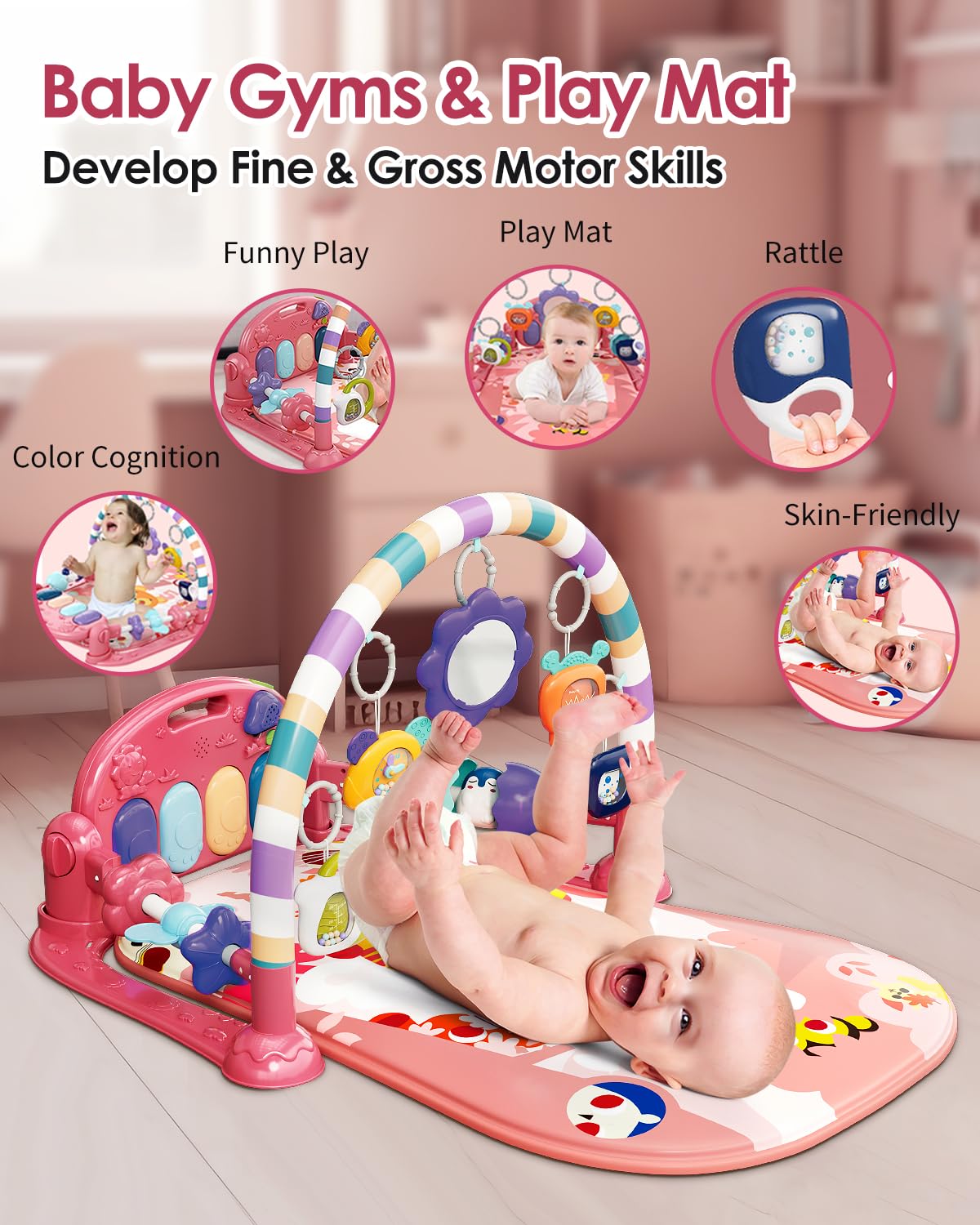 dearlomum Baby Play Mat Baby Gym,Funny Play Piano Tummy Time Baby Activity Mat with 5 Infant Sensory Baby Toys & 2 Baby Book Toys, Boy & Girl Gifts for Newborn 0 to 3 6 9 12 Months(Pink)