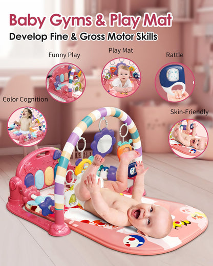 dearlomum Baby Play Mat Baby Gym,Funny Play Piano Tummy Time Baby Activity Mat with 5 Infant Sensory Baby Toys, Music and Lights Boy & Girl Gifts for Newborn Baby 0 to 3 6 9 12 Months (Tiger Pink)