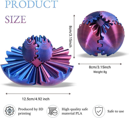 3D Printed Gear Ball, Gear Sphere Fidget Toy Stress Relif Toy for ADHD, Anxiety Relaxing Toy for Adults at Work/Study/Travel, Blue-Purple