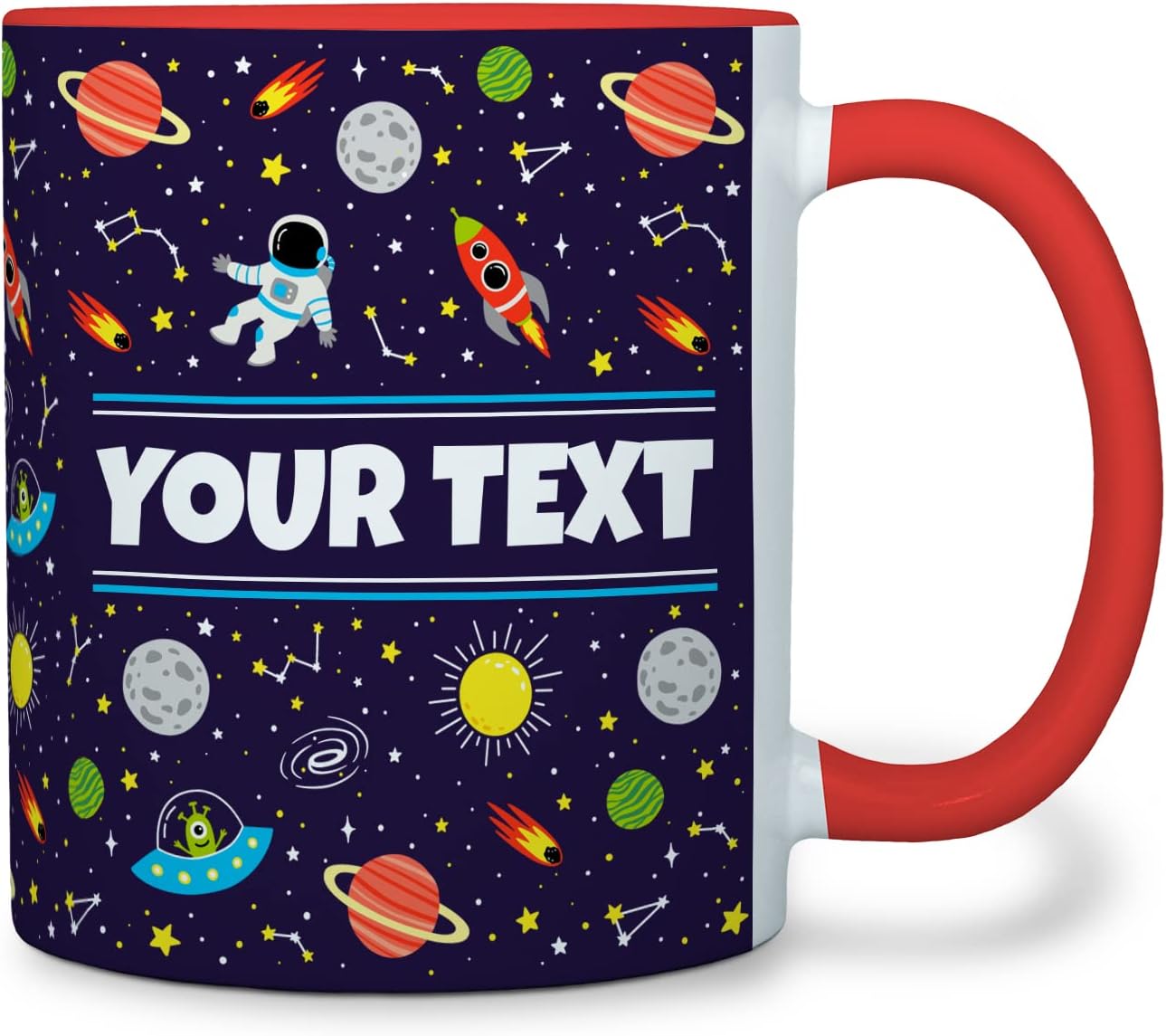 Personalized Mug for Kids - Outer Space - Custom Name/Text, Ceramic Hot Chocolate/Cocoa/Coffee Cup for Boys/Girls, Birthday/Christmas/Holiday Gift - 11 oz, Red Handle