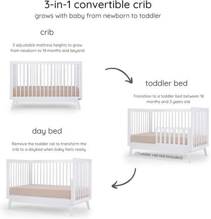 dadada Baby Soho 3-in-1 Convertible Wooden Crib to Toddler Bed - Made in Italy, GREENGUARD Gold Certified, Baby-Safe Finish, Sustainable Beech Wood, Modern Design, 3 Adjustable Heights (White)