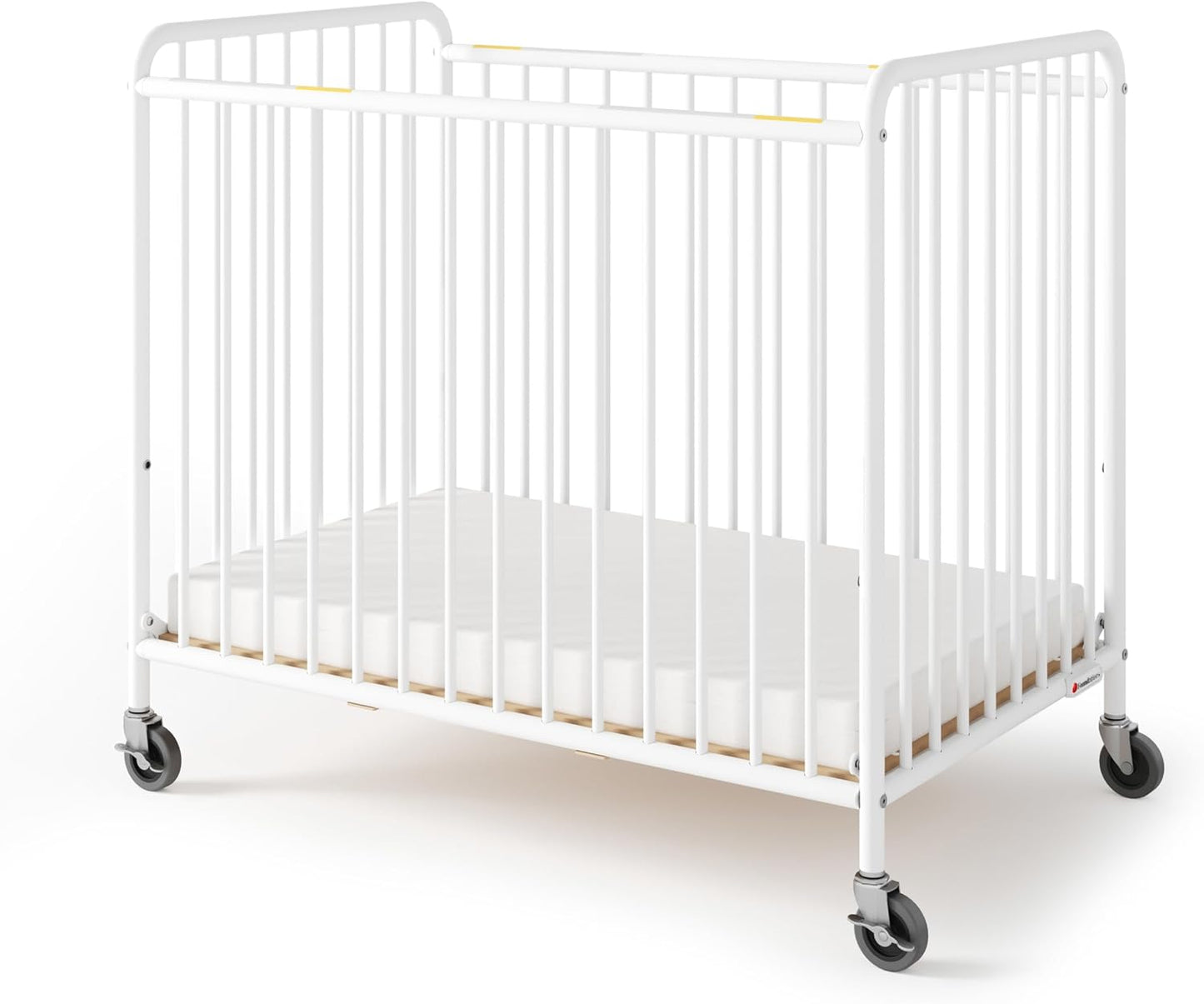 Foundations Chelsea Slatted Metal Compact Daycare Crib, 3" Casters, Compact Mini Size, Easy to