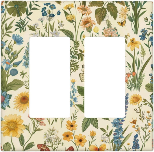 Decorative Outlet Covers Rustic Plant Garden Leaf Flower Butterfly 2 Gang Wall Plate Double Rocker Two Switch Wall Cover Plate Light Switch Cover Plate Faceplate for Bedroom Home Decor