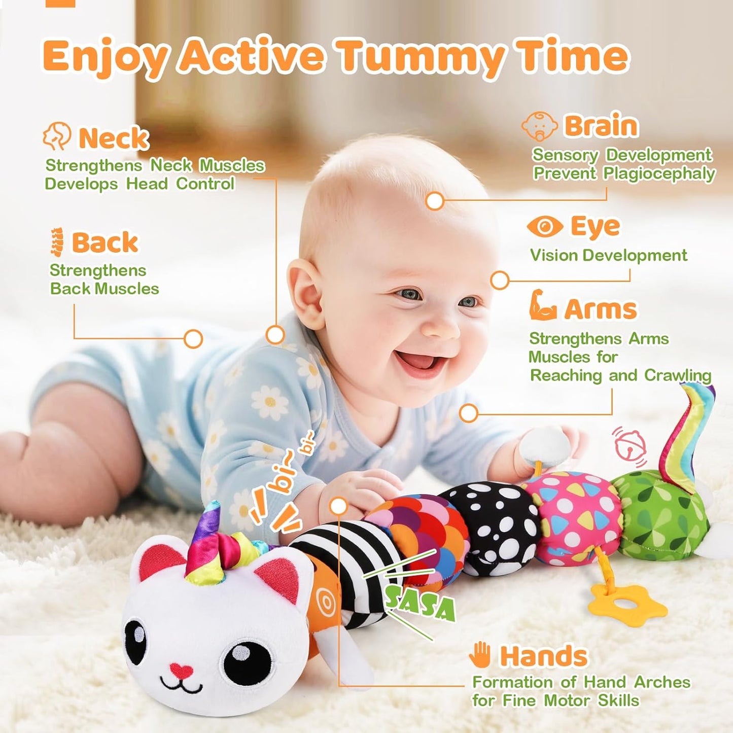 Baby Toys 0-6 6-12 Months, Sensory Musical Animal Stuffed Toy for Infant 0-3 3-6 Months, Tummy Time Toys with Mirror Crinkle Rattle, Plush Unicorn Cat Toy Gifts for 0 1 2 3 4 5 6+ Months Boys Girls
