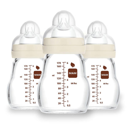 MAM Feel Good Slow Flow Premium Glass Baby Bottles, Easy Switch Between Breast and Bottle, 6oz, 0+