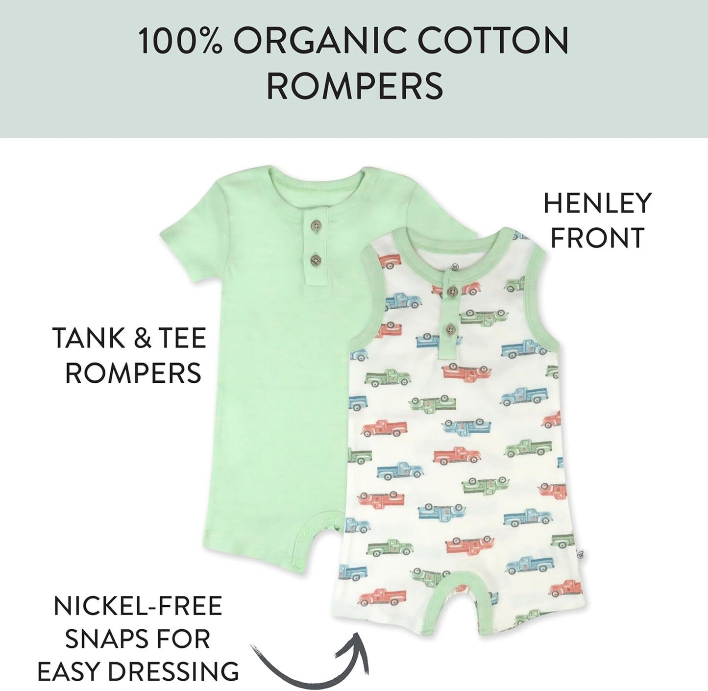 HonestBaby Short Sleeve and Tank Romper 100% Organic Cotton for Infant Baby and Toddler Boys