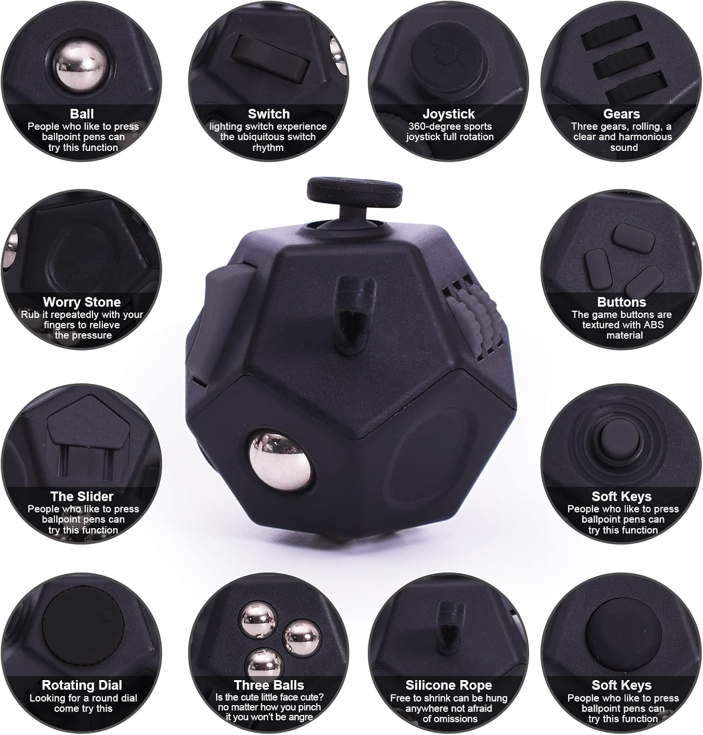 Mini Fidget Toys, Cool Black 12 Sided Fidgets Toy Cubes for Kids Adults with Anxiety ADHD Autism and Relief Stress (Pure Black)