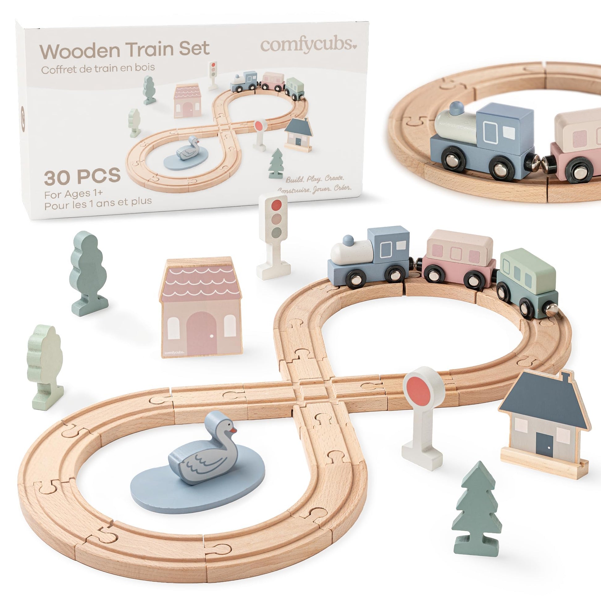 Comfy Cubs 30-Piece Wooden Train Set for Toddlers Ages 1+, Fun & Eco Friendly Toddler Train Set