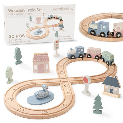 Comfy Cubs 30-Piece Wooden Train Set for Toddlers Ages 1+, Fun & Eco Friendly Toddler Train Set