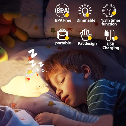 Tremdwoto Cat Night Light for Kids,Cute Colorful Night Light Baby Girl Squishy Night Light Lamp 1/3 Hour Timer Kitty Light Dimmable Nursery Lamp Nightlight (cat -Sleeping)
