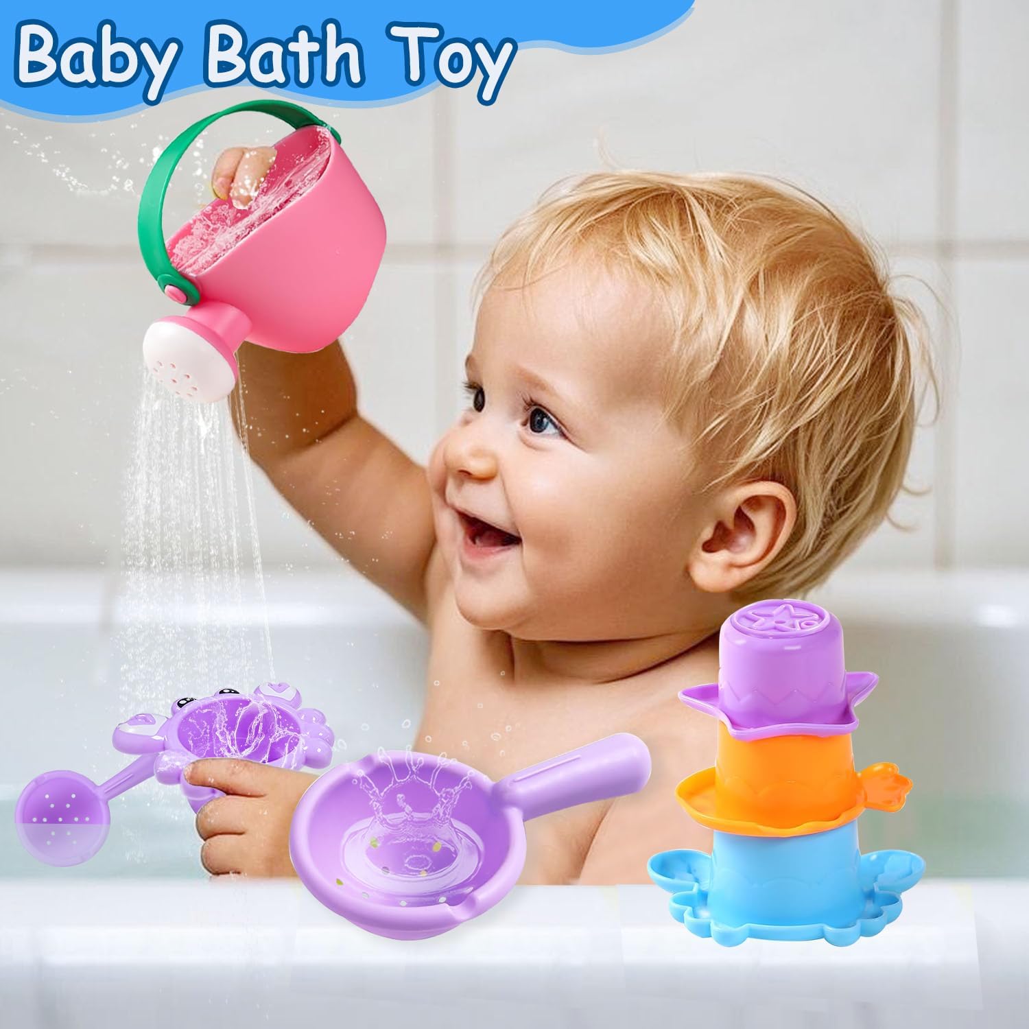 6Pcs Toddler Bath Toys for Kids Ages 1-3 Bath Toys for Babies12-18 Months Water Can Bathtub Toys