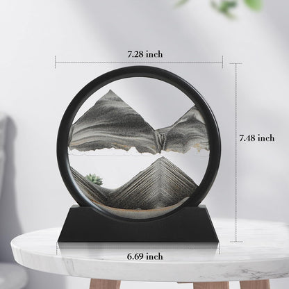 KPNUWN Moving Sand Art Liquid Motion, 3D Deep Sea Sandscape Color Quicksand Decor, Round Glass Moving Sand Art Picture Relaxing Desktop Home Office Work Decor (7 inch-Black)