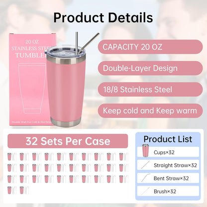 IEOVIEE 32 Pack 20oz Stainless Steel Bulk Tumblers with Lids and Straws Double Wall Insulated Travel Mug Durable Powder Coated Tumbler Bulk Cup for Cold and Hot Drinks(Pink)
