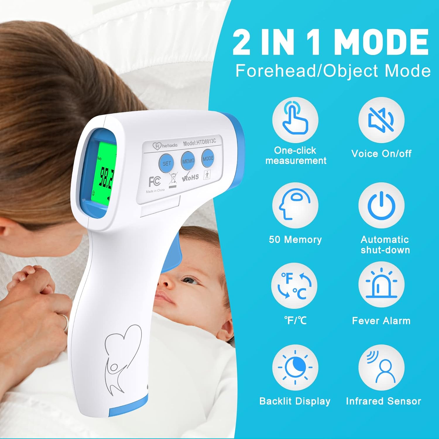 Digital Thermometer for Adults and Kids, No Touch Forehead Thermometer for Baby, 2 in 1 Body