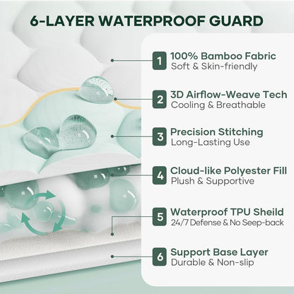 OhGeni 100% Waterproof Mattress Protector, Queen Size Mattress Pad, Fits 6"-20" Mattresses with