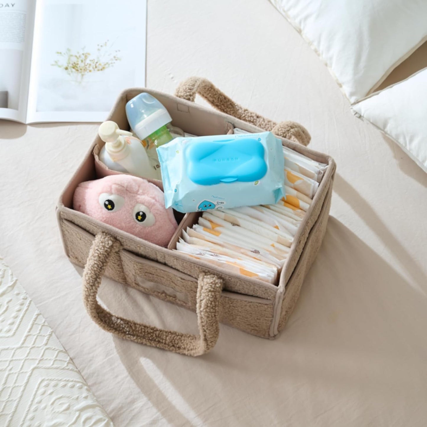 luxury little Diaper Caddy Organizer, Large Cotton Rope Nursery Baby Basket, Changing Table Organizer for Baby Diaper Storage, Portable Car Organizer with Removable Divider (Light Brown)