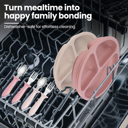 Eascrozn 2 Pack Silicone Baby Plates with Suction, Forks and Spoons Set